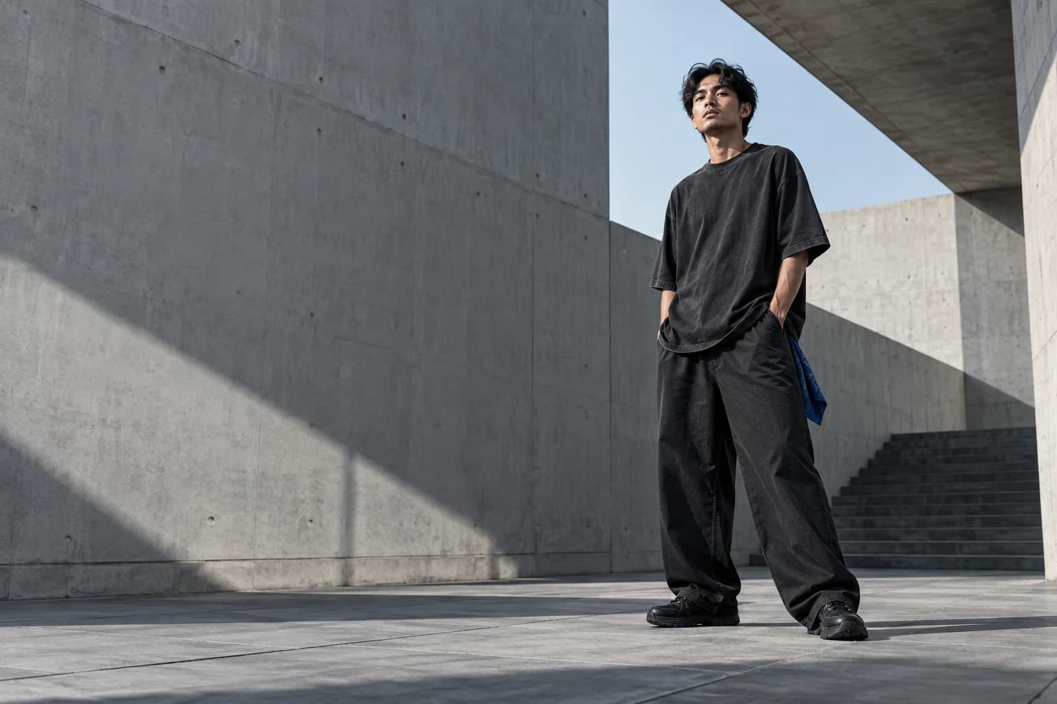 Man wearing wide black trousers in a concrete courtyard